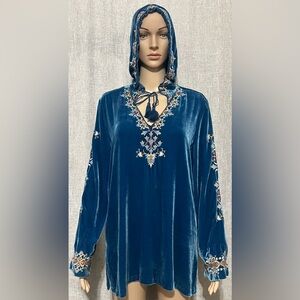 Johnny Was Tinasha Embroidered Boho Velvet Tunic Long Sleeve Hoodie Top~S~bigger